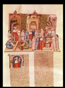 Eine Lektion an der Universität und eine historiierte Initiale N, die einen Meister darstellt, aus Novela Super Sexto von Jean Andre