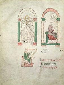 Ms 76 St. Michael, St. Augustinus schreibt und St. David spielt Harfe, Frontispiz aus Saint Augustin Super Psalmos