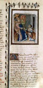 Ms 814 f.125r Bertrand du Guesclin (1320-80) vom König zum Ritter geschlagen, aus der Histoire de Du Guesclin