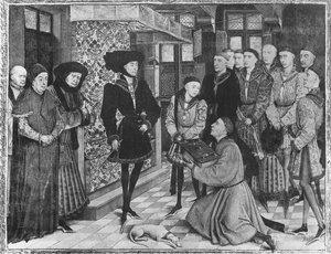 Ms 9242 Hainaut-Chroniken, Philipp der Gute, Herzog von Burgund, präsentiert mit der Übersetzung der Chroniken von Jean Vauquelin, Karl der Kühne als Kind zu seiner Linken