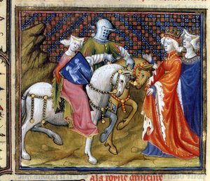 Ms Fr. 120 Die Dame vom See trifft Guinevere, aus der Geschichte von Lancelot in La Quite de Saint Graal