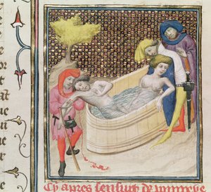 Paulina stirbt mit Seneca, aus De Claris Mulieribus, von Giovanni Boccaccio (1313-75)