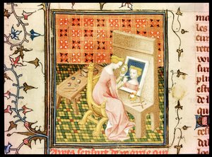 St. Marcia (gest. 632) malt ein Selbstporträt, aus De Claris Mulieribus, von Giovanni Boccaccio (1313-75) von French School