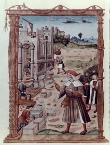 Ms Fr 2820 fol.115v Karl der Große (742-814) leitet den Bau von Aachen, aus Recueil Sommaire des Chroniques Francaises von Guillaume Cretin (1460-1525)