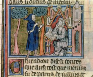 Ms Fr. 95 f.268 Merlin diktiert die Geschichte an Blaise, aus der Histoire de Merlin, ca. 1280-90 von French School