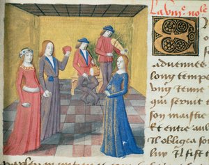 Ms Hunter 252 f.19r Musik und Werbung, aus Les Cent Nouvelles Nouvelles, 1462 von French School