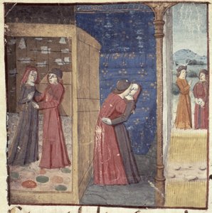 Ms Hunter 252 f.27v Küssen, aus Les Cent Nouvelles Nouvelles, 1462