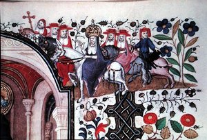 Ms Lat 1156b Fol.167 (Detail) des Papstes auf seinem Maultier mit seinem Gefolge, aus einer Illustration von Saint Peter, aus den Stunden von Marguerite d