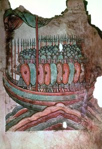 Ms Lat 1390 fol.7 Normannische Soldaten überqueren den Ärmelkanal, aus La Vie de Saint Aubin d
