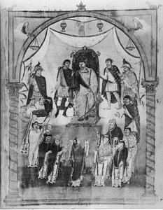König Karl II. (823-877) erhält eine Bibel von Graf Vivian und den Mönchen von Saint-Martin de Tours, aus der ersten Bibel von Karl dem Kahlen, ca. 843-51 von French School