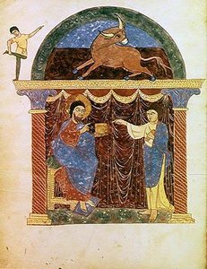 Jesus überreicht das Evangelium an den hl. Lukas, aus einem Kommentar zur Apokalypse des asturischen Mönchs Beatus von Liébana (c.776) c.1028-72 von French School