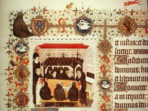 Trauer der Herzogin, mit Wappen und Tierdetails, aus den Grandes Heures de Duc de Berry