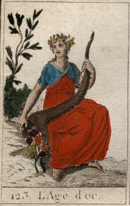 Mythos der Zeitalter der Menschheit: Darstellung des Goldenen Zeitalters, als junge Jungfrau mit vollkommener Schönheit, gekrönt mit Blumen und hält ein Füllhorn. Aus „Mythologie der Jugend“ von French School