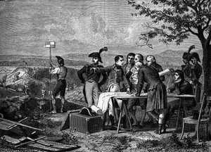 Napoleon Bonaparte zeigt den Plan für den Bau des Canal de Saint-Quentin im Jahr 1801 - Gravur des 19. Jahrhunderts von French School