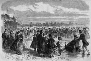 Napoleon III. und die Kaiserin Eugénie de Montijo im Club der Eisläufer des Bois de Boulogne in Paris. Gravur in „Le Monde Illustré“ Nr. 511 vom 26. Januar 1867. von French School