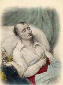 Napoleon I. auf seinem Sterbebett, hält das Kreuz der Ehrenlegion an sein Herz, St. Helena, 1821