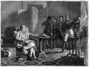 Napoleon I. auf St. Helena im Oktober 1818 entschlossen, sich mit Waffengewalt gegen den Versuch von Hudson Lowe, britischer General, die Tür zu erzwingen, zu wehren - in „Histoire de l