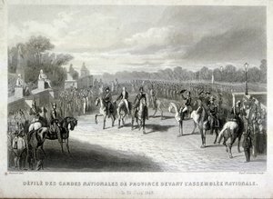Nationalgardisten schützen die Nationalversammlung in Paris. Gravur während der Französischen Revolution 1848