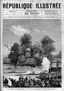Nautische Rennen: Französische Rudermeisterschaft auf der Seine gegenüber der Île de la Grande Jatte in Neuilly. Gravur von 1880 in „La république illustrée“ private Sammlung. von French School