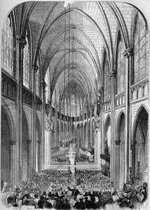 Neugotische Architektur: Innenansicht der Kirche Sainte Clotilde in Paris während ihrer Einweihung am 30. November 1857. Gravur von Bertrand in „Le Monde Illustré“ Nr. 34 vom 5. Dezember 1857.