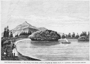 Neukaledonien, Isle of Pines, Pic Nga von Kuto aus gesehen, nach einer Zeichnung von Pater Lambert, einem Maristenmissionar, Illustration aus dem Bulletin Les Missions Catholiques, 1893 von French School