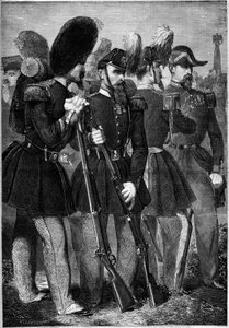 Neue Uniformen der französischen kaiserlichen Garde im Jahr 1860. Gravur in „Le Monde Illustré“ Nr. 165 vom 9. Juni 1860.