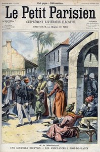 Neue Vulkanausbruch des Montagne Pelée Vulkans in Martinique: Krankenwagen in Fort-de-France. Gravur in "Le Petit Parisien" von French School