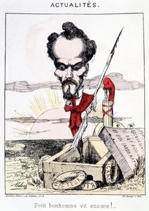 Nachrichten - Kleiner Mann lebt noch!. Karikatur über Rochefort, der in einem Grab steht