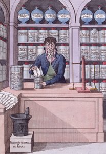 Zeitungsapotheke unter Napoleon, oder der Chemiker Akademiker, Karikatur, die die von Napoleon unterdrückte Presse darstellt von French School