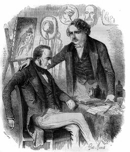 Nicéphore Niépce (1765-1833) und Louis Daguerre (1787-1851), französische Erfinder, Pioniere der Fotografie. Gravur von 1852. von French School