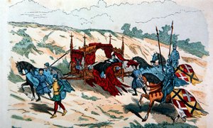 Adliger wird im 14. Jahrhundert in Europa von Gefolgsleuten in einer Sänfte getragen (Farblithografie)