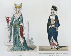 Adlige Frau unter der Herrschaft von Karl VI., Marguerite de Provence, Frau von Ludwig IX., gestorben 1285, aus Costumes civils et militaires des francais a travers les siecles von French School