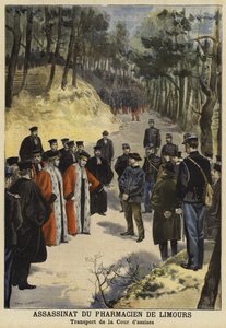 Gerichtsbeamte besuchen den Tatort des Mordes an Herrn Kauffmann, einem Apotheker aus Limours, in der Nähe von Royat, Frankreich, 1897