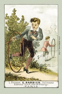 An freien Tagen spielen Leon und Lucien Reifen - in „Alphabet des petits savants“, späte 19. Jahrhundert (Chromolithographie) von French School