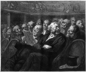 Orchesterstühle. Karikatur von Honoré Daumier (1808-1879). Gravur in „Le Monde Illustré“ Nr. 1101 vom 4. Mai