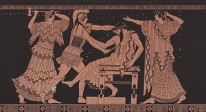 Orestes tötet Aegisthus (Farblithografie)