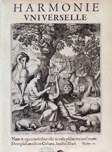 Orpheus spielt für Tiere. Frontispiz von Harmonie universelle von Marin Mersenne