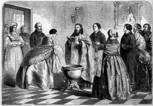 Orthodoxer Ritus - Taufe: Taufzeremonie nach griechischem Ritus in der oberen russischen Gesellschaft im Jahr 1858. Das Kind wird dem Papst von seiner Patin vor der Taufe im Taufbecken präsentiert. Gravur in „Le Monde Illustré“ Nr. 81 vom 30. Oktober von French School