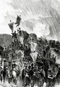 Pazifistische Demonstration auf den Befestigungsanlagen durch Freimaurer am 28. April 1870, um die Einstellung der Bombardierung von Paris zu fordern, aus Le Monde Illustré, 5. Mai 1870 von French School