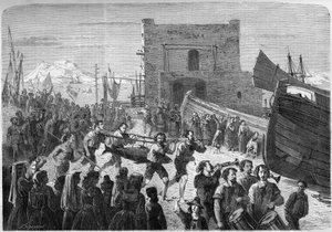 Palermitanische Fischer tragen triumphierend den ersten Thunfisch, der bei der Eröffnung der Fischerei gefangen wurde. Sizilien, Italien