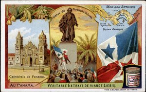 Panama: Die Kathedrale, die Statue von Kolumbus, die Flagge - Chromolithografie