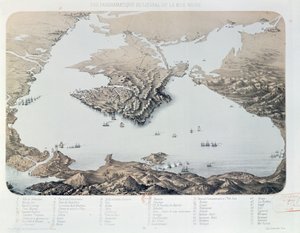 Panoramablick und Plan von Sewastopol und der Schwarzmeerküste zur Zeit des Krimkrieges, 1855