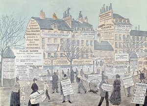 Pariser Straßenszene mit vielen Werbungen, hauptsächlich für Medikamente, 1885