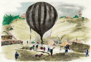 Belagerung von Paris 1870: Ansicht eines der Ballons, die zur Kommunikation mit dem Außenbereich verwendet wurden, auf dem Place Saint Pierre (Montmartre) in Paris. Gravur von 1870 Privatsammlung von French School