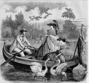 Pariser Moden, Sommer 1857: Bootsfahrt auf einem See. Gravur in „Le Monde Illustré“ Nr. 24 vom 26. September 1857. von French School