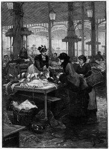 Pariser Szene im 19. Jahrhundert: Ein Fischhändler und ein Kunde in den Halles Centrales. Gravur von Derbier nach einem Gemälde von Gilbert. Ende des 19. Jahrhunderts. In „Die Hauptstädte der Welt: Paris“ von French School