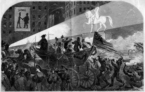 Feier auf den Straßen von New York (New York) zur Feier der Installation des transatlantischen Telegraphenkabels zwischen den Vereinigten Staaten (Vereinigte Staaten) und England im Jahr 1858. Gravur in „Le Monde Illustré“ Nr. 79 vom 16. Oktober 1858.