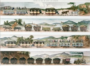 Passagiere und Fracht auf der ersten französischen Linie zwischen Lyon und St. Etienne, 1829 (Farblithografie) von French School
