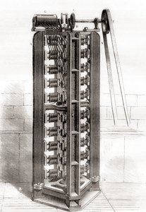 Paul-Gustave Froments vertikaler Elektromotor, ca. 1844, aus Les Merveilles de la Science, veröffentlicht ca. 1870 von French School