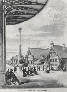 Bauernhäuser im russischen Pavillon auf der Weltausstellung von 1867 von French School